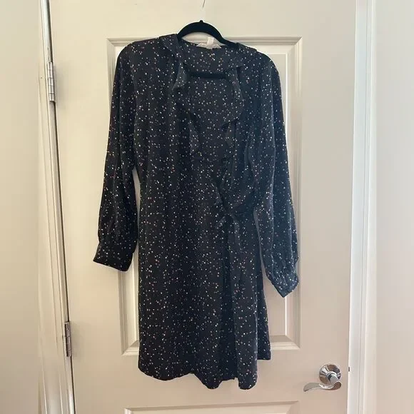 Popsugar Black Multi Stars Print Ruffle Long Sleeve Knee Length Wrap Dress XL - Picture 2 of 4